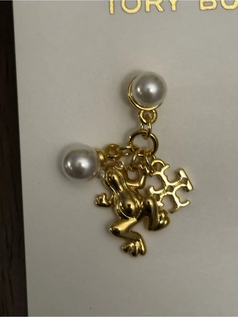 Brand new Tory Burch Gold plated Frog Drop Earrings with White Pearls
